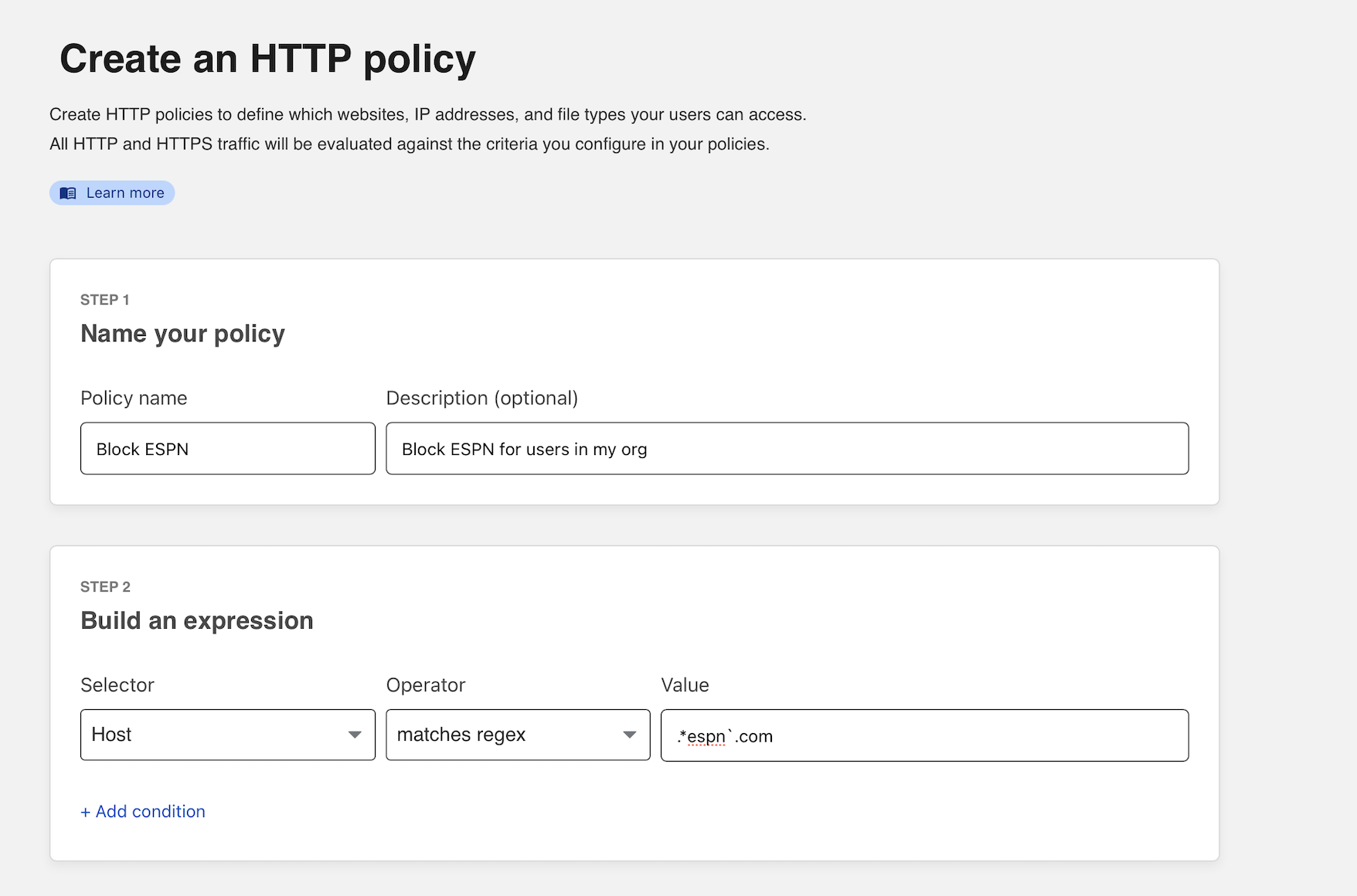 HTTP policy settings reflecting the above example using the <code>matches regex</code> operator to block espn.com